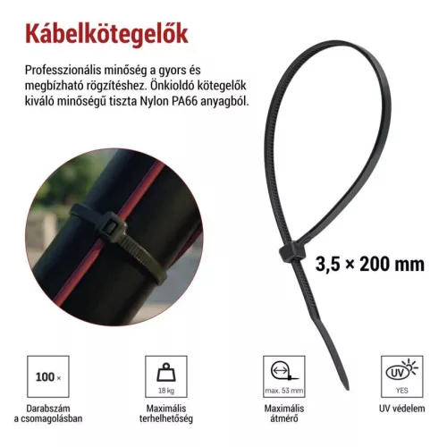 EMOS fekete kábelkötöző 200×3,5 mm, 100 db-os csomag, A2845
