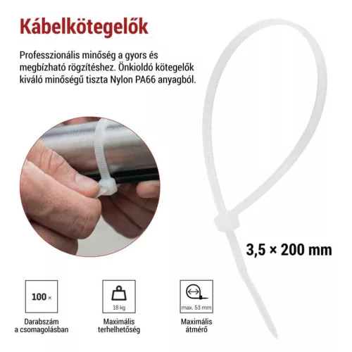 EMOS fehér kábelkötöző 200×3,5 mm, 100 db, A2846