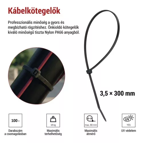 EMOS fekete kábelkötöző 300×3,5 mm, 100 db-os csomag, A2847
