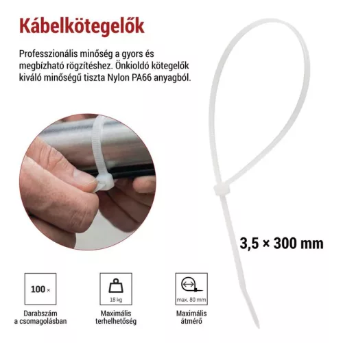 EMOS A2848 fehér kábelkötöző 300×3,5 mm, 100 db
