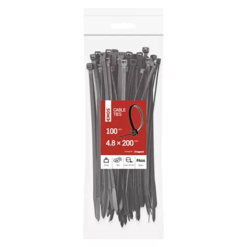 EMOS A2849 fekete kábelkötöző 200×4,8 mm, 100 db-os csomag