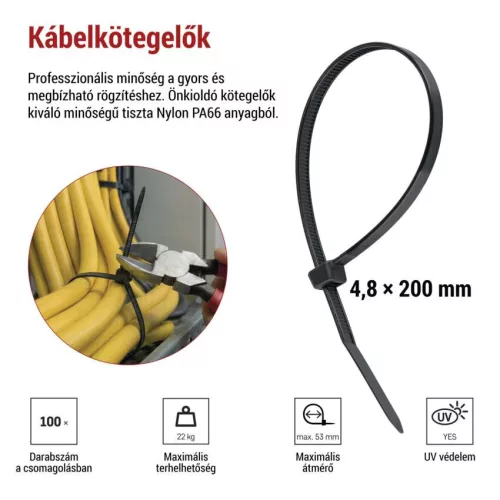 EMOS A2849 fekete kábelkötöző 200×4,8 mm, 100 db-os csomag