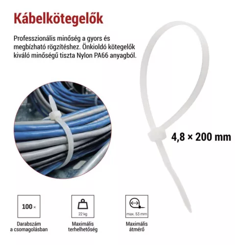 EMOS fehér kábelkötöző 200×4,8 mm, 100 db-os csomag, A2850