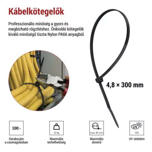 EMOS fekete kábelkötöző 300×4,8 mm, 100 db-os csomag, A2853