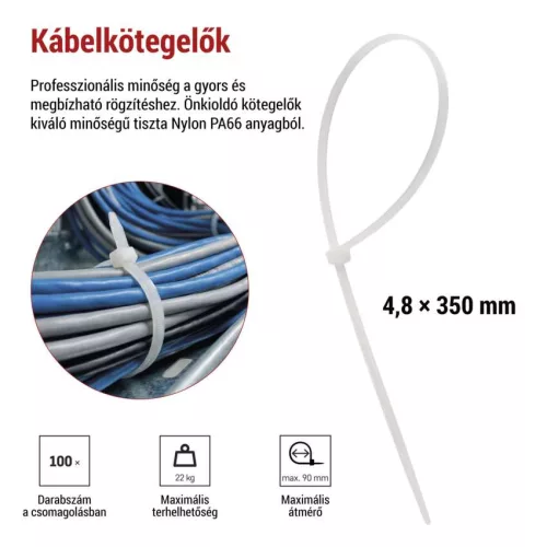 EMOS A2856 fehér kábelkötöző 350×4,8 mm, 100 db-os csomag