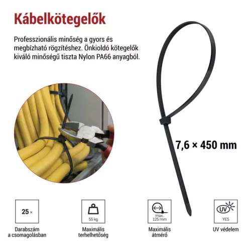 EMOS A2857 fekete kábelkötöző 450×7,6 mm, 25 db-os csomag