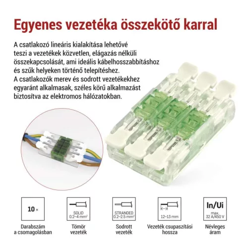 EMOS A9113 3 pólusú egyenes karos vezetékösszekötő, átlátszó, 10 db
