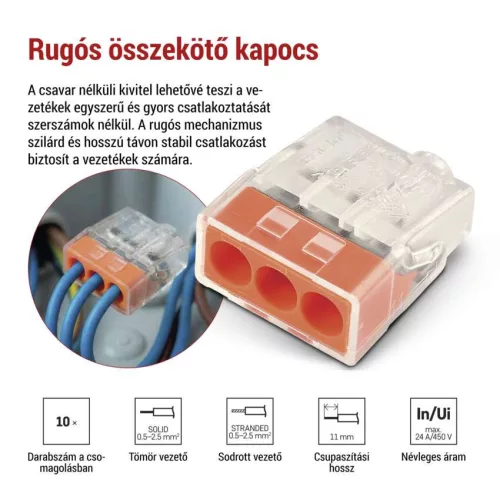 EMOS A9121 átlátszó 3 pólusú rugós sorkapocs, 10 db-os csomag