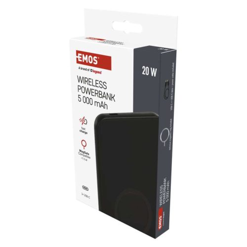 EMOS B0545B, Powerbank WI 521, 5 000 mAh, 20 W+Wireless, fekete