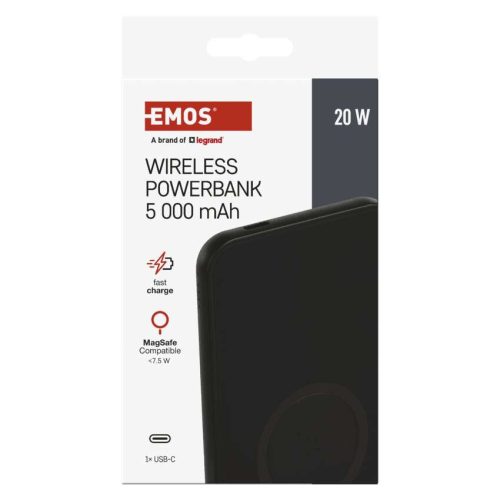 EMOS B0545B, Powerbank WI 521, 5 000 mAh, 20 W+Wireless, fekete