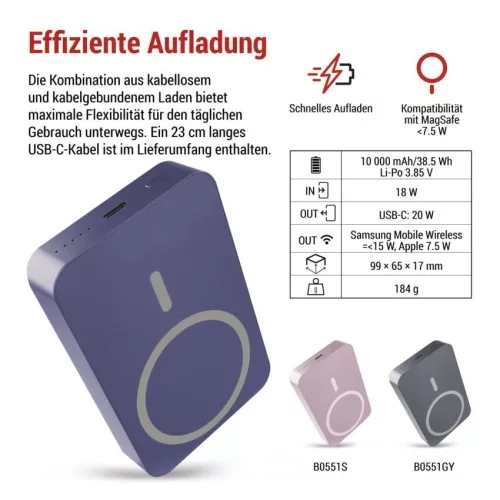 EMOS B0551BL, Powerbank WI 1046, 10 000 mAh, 20 W+Wireless, kék