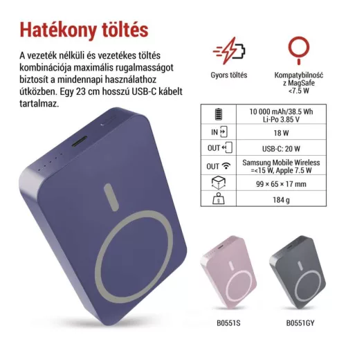 EMOS B0551BL, Powerbank WI 1046, 10 000 mAh, 20 W+Wireless, kék