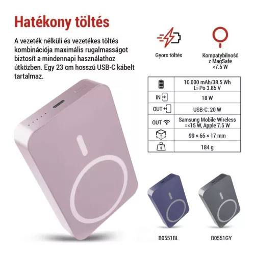 EMOS B0551S, Powerbank WI 1046, 10 000 mAh, 20 W+Wireless, lazac