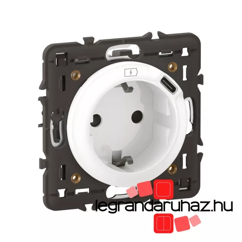 Legrand Céliane  2P+F csatlakozóaljzat + USB-C töltőaljzat 1,5A-5V-7,5W, rugós bekötéssel, burkolattal, fehér, Legrand CB0141