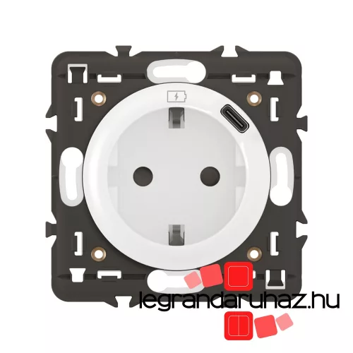Legrand Céliane  2P+F csatlakozóaljzat + USB-C töltőaljzat 1,5A-5V-7,5W, rugós bekötéssel, burkolattal, fehér, Legrand CB0141