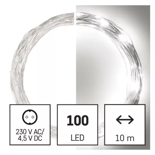 EMOS LED karácsonyi nano fényfüzér, 10 m, hideg fehér, ezüst kábel, D3AC01