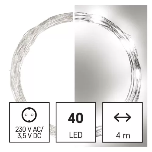 EMOS LED karácsonyi nano fényfüzér 4 m, ezüst, hideg fehér, időzítő, D3AC02