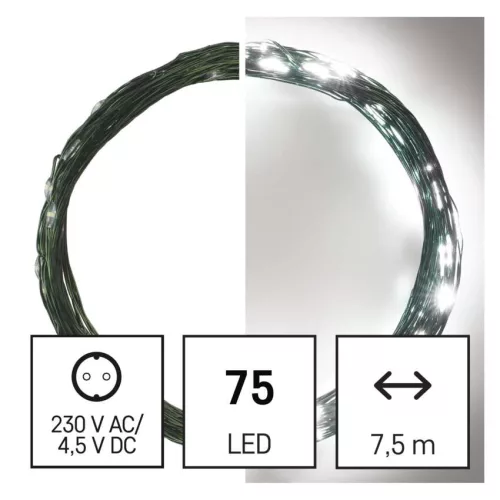 EMOS LED karácsonyi nano fényfüzér, zöld, 7,5 m, hideg fehér, időzítő, D3AC04