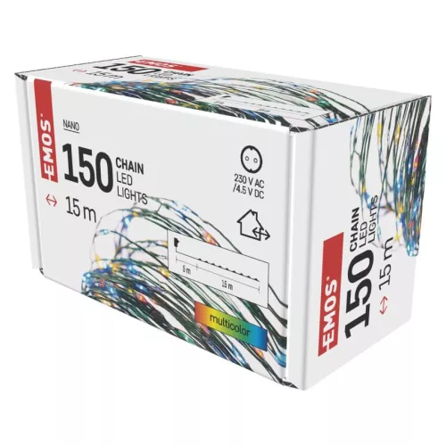 EMOS D3AM03 LED nano fényfüzér, 15 m, többszínű, zöld kábel, időzítővel