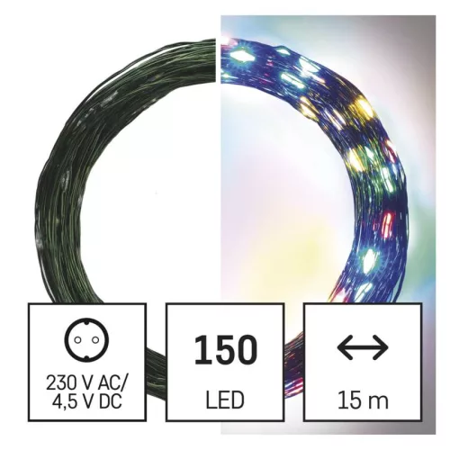 EMOS D3AM03 LED nano fényfüzér, 15 m, többszínű, zöld kábel, időzítővel
