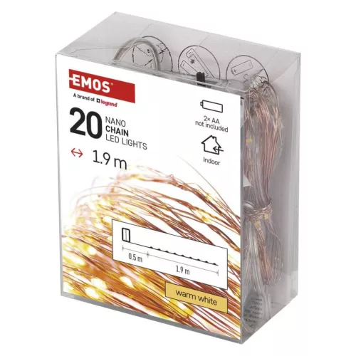 EMOS D3AW07 LED nano fényfüzér, 1,9 m, meleg fehér, elemes, időzítővel