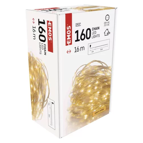 EMOS LED drop fényfüzér 16 m, meleg fehér, időzítővel, D3AW16