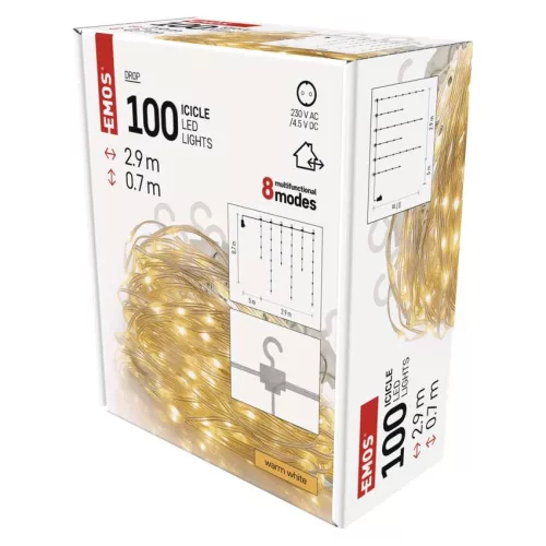 EMOS D3CW02 LED jégcsap fényfüzér, meleg fehér, 2,9 m, kültéri és beltéri