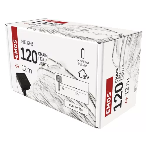 EMOS D3ZC01, LED nano lánc napelemmel, réz, 12 m, kültéri és beltéri, hideg fehér, időzítő