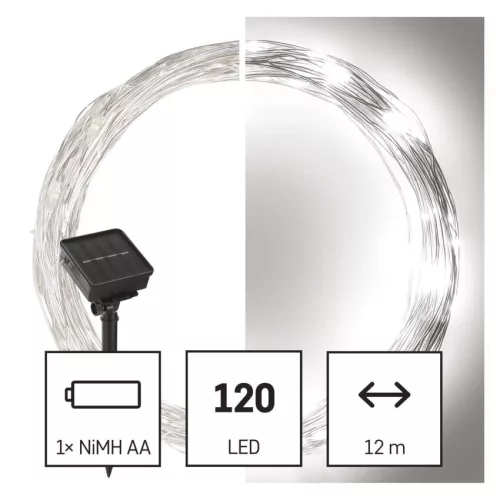 EMOS D3ZC01, LED nano lánc napelemmel, réz, 12 m, kültéri és beltéri, hideg fehér, időzítő