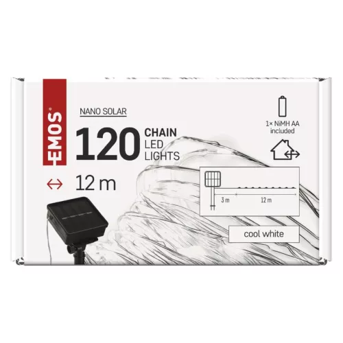 EMOS D3ZC01, LED nano lánc napelemmel, réz, 12 m, kültéri és beltéri, hideg fehér, időzítő
