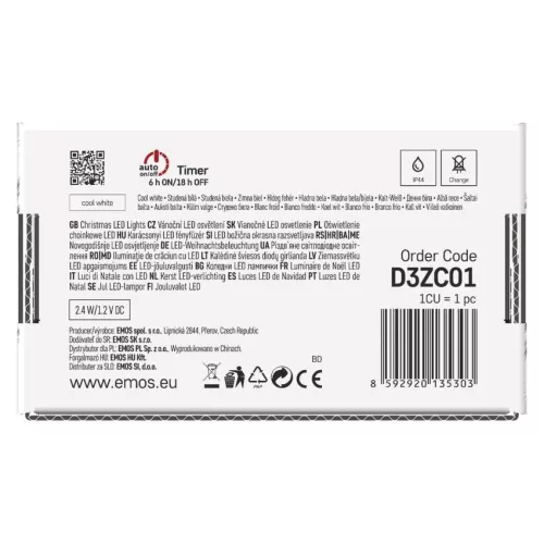 EMOS D3ZC01, LED nano lánc napelemmel, réz, 12 m, kültéri és beltéri, hideg fehér, időzítő