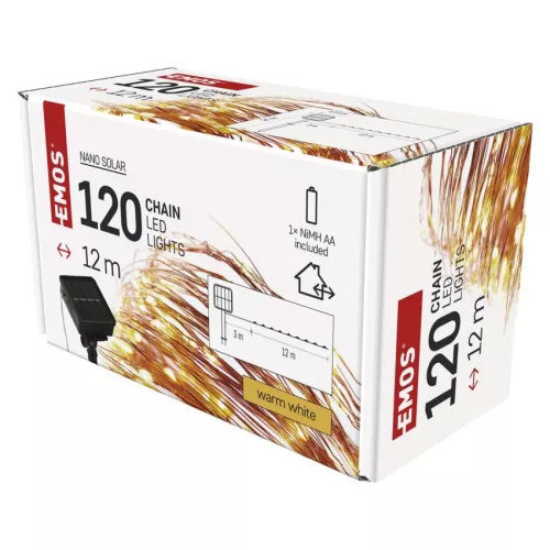 EMOS D3ZW01 napelemes LED nano lánc, réz, 12 m, meleg fehér, időzítővel