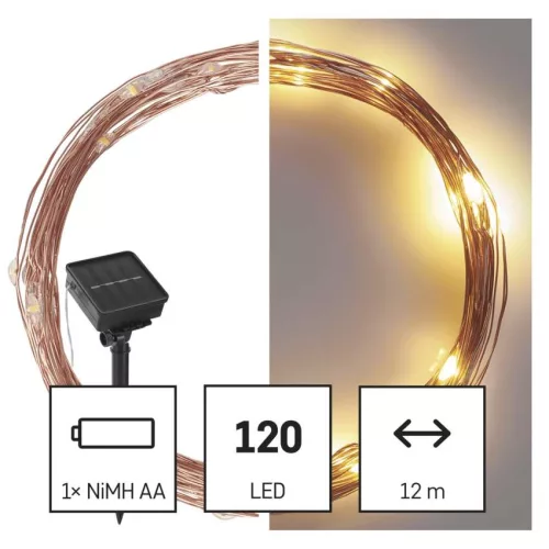 EMOS D3ZW01 napelemes LED nano lánc, réz, 12 m, meleg fehér, időzítővel