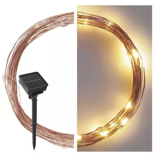 EMOS D3ZW01 napelemes LED nano lánc, réz, 12 m, meleg fehér, időzítővel