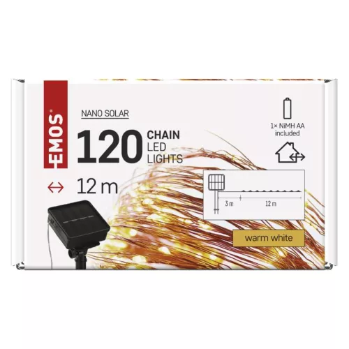 EMOS D3ZW01 napelemes LED nano lánc, réz, 12 m, meleg fehér, időzítővel