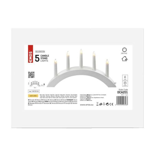 EMOS DCAZ01, Gyertyatartó 5 db E10 izzóval, fa, fehér, ívelt, 20x38 cm, beltéri, meleg fehér