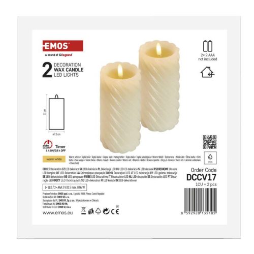 EMOS DCCV17, LED dekoráció – viaszgyertya 17 cm, 2x AAA, beltéri, meleg fehér, 2 db, távirányító