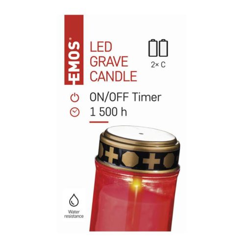 EMOS DCCV19, LED temetői mécses, piros, 2x C, kültéri és beltéri, meleg fehér, időzítő