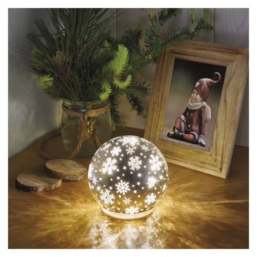 EMOS DCLW28, LED karácsonyi üveggömb – hópelyhek, 12 cm, 3x AA, beltéri, meleg fehér, időzítő