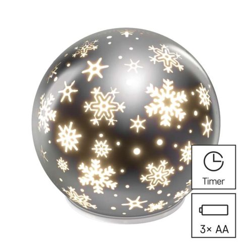 EMOS DCLW28, LED karácsonyi üveggömb – hópelyhek, 12 cm, 3x AA, beltéri, meleg fehér, időzítő