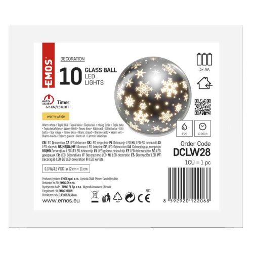 EMOS DCLW28, LED karácsonyi üveggömb – hópelyhek, 12 cm, 3x AA, beltéri, meleg fehér, időzítő