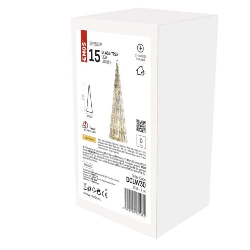 EMOS DCLW30, LED-es üveg karácsonyfa, 27 cm, 2x CR2032, beltéri, meleg fehér, időzítő