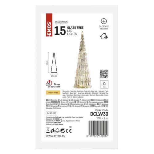 EMOS DCLW30, LED-es üveg karácsonyfa, 27 cm, 2x CR2032, beltéri, meleg fehér, időzítő