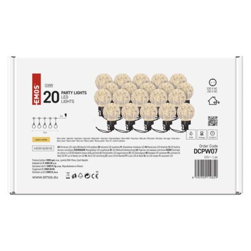 EMOS DCPW07, LED fényfüzér – 20x party égő, 7,6 m, kültéri és beltéri, meleg fehér