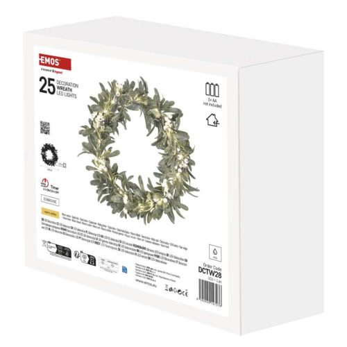 EMOS DCTW28, LED dekoráció - fagyöngy koszorú, 3x AA, meleg fehér, időzítő