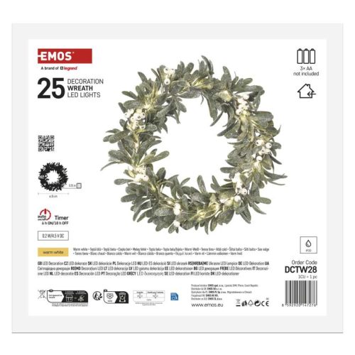 EMOS DCTW28, LED dekoráció - fagyöngy koszorú, 3x AA, meleg fehér, időzítő