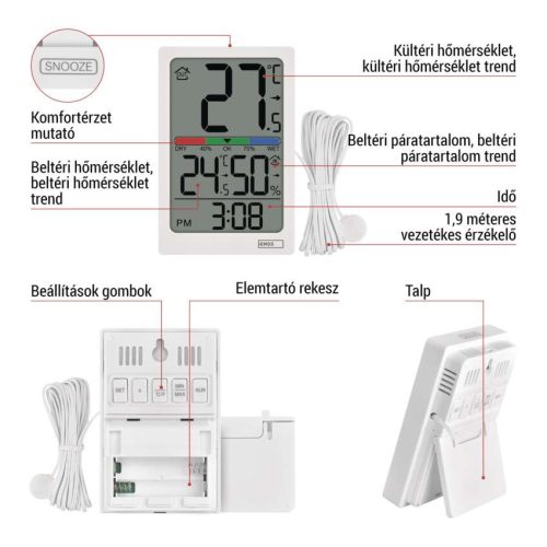 EMOS E0558P, Digitális hőmérő páratartalom-mérővel, vezetékes érzékelővel, ébresztőórával E0558P