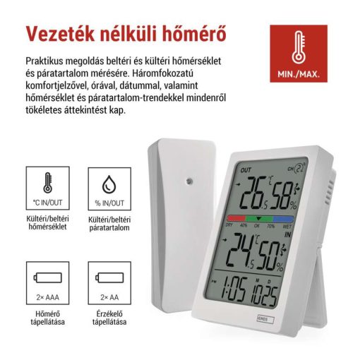 EMOS E0558W, Digitális hőmérő páratartalom-mérővel, vezeték nélküli érzékelővel, óra, dátum E0558W
