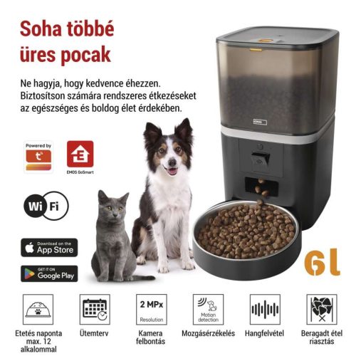 EMOS H6006, GoSmart állateledel adagoló kamerával Pet Care, 6 l, fekete, Wi-Fi
