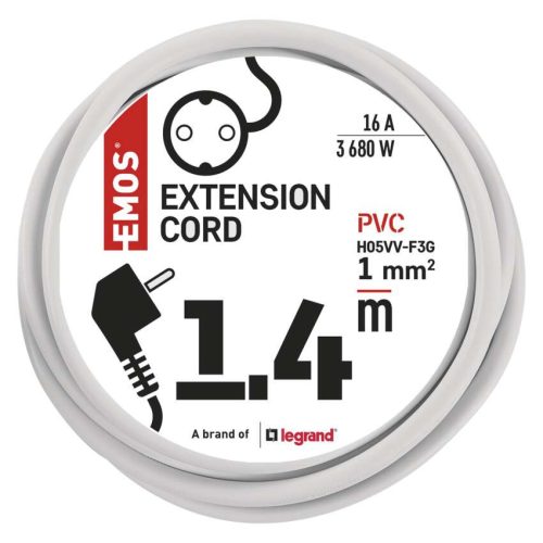 EMOS P0121, Hosszabbító 1,4 m  /  1 aljzat  /  fehér  /  PVC  /  1 mm2